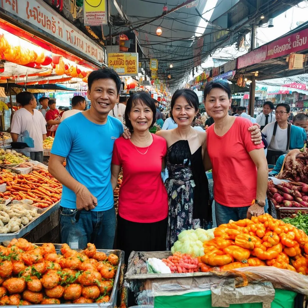 Tourists smiling brightly as they pose for a photo with a friendly local vendor in a vibrant and colorful market setting in Thailand.